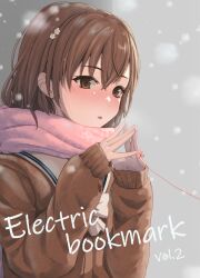Rule 34 | 1girl, :&lt;, blush, bow, bowtie, breath, brown eyes, brown hair, brown sweater, commentary, cover, cover page, doujin cover, english text, enpera, flower, grey background, hair between eyes, hair flower, hair ornament, hairclip, k3rd, looking at viewer, misaka mikoto, nose blush, parted lips, pink scarf, sailor collar, scarf, school uniform, serafuku, snowing, solo, steepled fingers, string, string of fate, sweater, title, toaru kagaku no railgun, toaru majutsu no index, upper body, white bow, white bowtie, white flower, white sailor collar