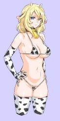 Rule 34 | 1girl, absurdres, animal ears, animal print, bell, bikini, blonde hair, blue background, blue eyes, breasts, cameltoe, closed mouth, cow ears, cow horns, cow print, cow print bikini, cowbell, elbow gloves, fake animal ears, fake horns, girls und panzer, gloves, hands on own hips, highres, horns, kuppipi ramutarou, large areolae, large breasts, long hair, looking at viewer, micro bikini, navel, neck bell, oshida (girls und panzer), print bikini, side-tie bikini bottom, simple background, solo, swimsuit, thighhighs