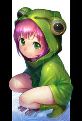 Rule 34 | 1girl, animal hood, arm support, boots, child, closed mouth, drawstring, frog hood, frog raincoat, frown, full body, green eyes, green footwear, highres, hood, hood up, kalua, long sleeves, looking at viewer, original, outside border, pillarboxed, pink hair, rain, raincoat, rubber boots, short hair, solo, squatting, wet, zipper
