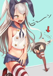 Rule 34 | 2girls, ^^^, aiueonesan (umanaminoatama), alternate costume, amatsukaze (kancolle), amatsukaze (kancolle) (cosplay), aqua background, arrow (symbol), ass, bad id, bad pixiv id, bent over, black bow, black panties, blonde hair, blush, bow, clothes theft, commentary request, cosplay, costume switch, crop top, crotch seam, dress, embarrassed, eyebrows, eyelashes, garter straps, grey hair, hairband, holding, holding clothes, holding panties, holding underwear, kantai collection, leg up, long hair, long sleeves, microskirt, miniskirt, multiple girls, navel, no panties, open mouth, outstretched arms, panties, pleated skirt, red legwear, running, sailor collar, shimakaze (kancolle), shimakaze (kancolle) (cosplay), short dress, simple background, skirt, skirt tug, sleeveless, spread arms, standing, standing on one leg, stomach, striped clothes, striped legwear, striped thighhighs, sweat, text focus, theft, thighhighs, tongue, two side up, underwear, underwear theft, unworn panties, upskirt, wavy mouth, yellow eyes
