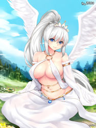 Rule 34 | 1girl, bare shoulders, blue eyes, blush, breasts, cleavage, closed mouth, covered erect nipples, detached sleeves, dungeon and fighter, feathered wings, high ponytail, knight (dungeon and fighter), large breasts, long hair, long skirt, long sleeves, looking at viewer, navel, o-ring, o-ring top, revealing clothes, shaojiang, silver hair, sitting, skirt, smile, solo, stomach, tiara, very long hair, white skirt, white wings, wings, yokozuwari