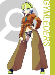 Rule 34 | 10s, 1girl, alternate costume, aqua necktie, black panties, black thighhighs, blonde hair, blouse, blue eyes, blunt bangs, breasts, breasts apart, cable, cleft of venus, collared shirt, cowboy western, creatures (company), elesa (pokemon), english text, full body, game freak, gym leader, hand on own hip, hand on own thigh, highres, legs apart, makoto daikichi, necktie, nintendo, no pants, panties, parted bangs, poke ball symbol, pokemon, pokemon bw, red shirt, see-through, shirt, simple background, solo, standing, thighhighs, underwear, white background