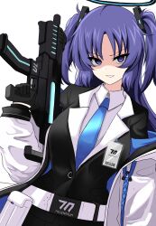 1girl absurdres aikir_(jml5160) belt black_gloves blue_archive blue_necktie breasts collared_shirt commentary empty_eyes evil_smile gesugao gloves gun halo hand_up highres holding holding_gun holding_weapon id_card jacket jacket_partially_removed large_breasts long_hair long_sleeves looking_at_viewer mechanical_halo millennium_science_school_logo necktie parted_bangs parted_lips partially_shaded_face purple_eyes purple_hair red_pupils shirt sig_mpx simple_background smile solo submachine_gun triangle_hair_ornament two-sided_fabric two-sided_jacket two_side_up upper_body weapon white_background white_shirt yuuka_(blue_archive)