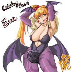 Rule 34 | 1girl, animal print, armpits, arms behind head, bat print, blonde hair, breasts, bulge, character name, cleavage, clothing cutout, contrapposto, cosplay, cowboy shot, earrings, eva (neone), facing viewer, fur-trimmed gloves, fur trim, futanari, gloves, hair bobbles, hair ornament, head tilt, head wings, jewelry, large breasts, leotard, looking at viewer, low wings, morrigan aensland, morrigan aensland (cosplay), navel cutout, neone, no bra, original, pantyhose, penis, precum, purple gloves, purple pantyhose, red lips, revealing clothes, side ponytail, smile, solo, standing, vampire (game), wings