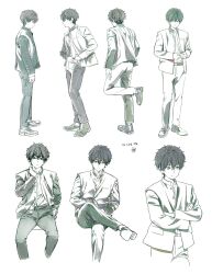 Rule 34 | 1boy, absurdres, artist logo, black jacket, black pants, brown pants, buttons, commentary request, cropped legs, crossed arms, foot up, full body, gakuran, highres, hyouka, invisible chair, jacket, long sleeves, looking at viewer, mery (yangmalgage), multiple views, open clothes, open jacket, oreki houtarou, pants, school uniform, shoes, short hair, sitting, standing, translation request, unbuttoned jacket