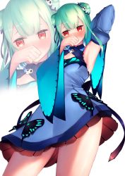 Rule 34 | 1girl, aqua dress, arm behind head, armpits, blue ribbon, blush, butterfly ornament, commentary request, covering own mouth, detached sleeves, double bun, dress, flat chest, from below, full-face blush, green hair, hair bun, hair ornament, hair ribbon, highres, hololive, jitome, mugichapossible, red eyes, ribbon, simple background, skull hair ornament, standing, tearing up, thighs, uruha rushia, uruha rushia (1st costume), virtual youtuber, white background
