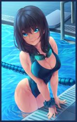 Rule 34 | 1girl, arm support, bare shoulders, black border, black hair, blue eyes, border, breasts squeezed together, breasts, cleavage, contrapposto, from above, goggles, highleg, highleg swimsuit, large breasts, long hair, looking at viewer, looking up, medium hair, naidong (artist), one-piece swimsuit, original, partially submerged, pool, scrunchie, smile, solo, standing, swimsuit, wading, water, wet, wrist scrunchie