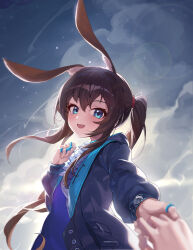 Rule 34 | 1girl, 1other, absurdres, amiya (arknights), animal ear fluff, animal ears, arknights, black jacket, blue eyes, breasts, brown hair, cloud, cloudy sky, commentary request, day, hair between eyes, hand up, highres, holding hands, jacket, jewelry, long hair, long sleeves, looking at viewer, mo ying yu, open clothes, open jacket, outdoors, ponytail, puffy long sleeves, puffy sleeves, rabbit ears, ring, shirt, sky, small breasts, solo focus, very long hair, white shirt