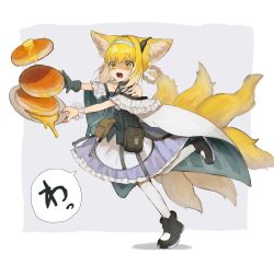 Rule 34 | 1girl, animal ear fluff, animal ears, arknights, black gloves, blonde hair, blue dress, blue hairband, butter, dress, earpiece, food, fox ears, fox girl, fox tail, gloves, green eyes, hair rings, hairband, highres, infection monitor (arknights), kesuk0, material growth, multiple tails, nine-tailed fox, open mouth, oripathy lesion (arknights), pancake, pantyhose, plate, shaded face, short hair, single glove, single wrist cuff, solo, suzuran (arknights), syrup, tail, tripping, white pantyhose, white wrist cuffs, wrist cuffs