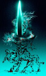 Rule 34 | absurdres, bloodborne, blue background, blue theme, cape, deadpool yuchan, disfigured, facing viewer, floating hair, glowing, glowing sword, glowing weapon, gradient background, greatsword, highres, holding, holding sword, holding weapon, looking at viewer, ludwig the accursed, monster, monster focus, moonlight greatsword, multiple legs, no humans, one eye covered, partially colored, solo, standing, sword, torn cape, torn clothes, two-handed, two-handed sword, weapon