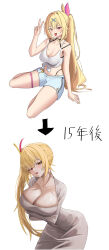 Rule 34 | 1girl, :d, absurdres, blonde hair, blush, breasts, cleavage, collarbone, commentary request, cowboy shot, crop top, dongtan dress, dress, fakey, grey dress, hand up, highres, hoshikawa sara, large breasts, leaning forward, long hair, long sleeves, looking at viewer, meme attire, midriff, multiple views, navel, nijisanji, open mouth, red eyes, side ponytail, simple background, skindentation, smile, standing, stomach, tank top, thigh strap, thighs, tongue, tongue out, v, very long hair, white background, white tank top, yellow eyes