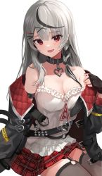 Rule 34 | 1girl, absurdres, bare shoulders, belt, black belt, black collar, black gloves, black hair, black jacket, braid, breasts, camisole, cleavage, collar, ear piercing, garter straps, gloves, grey hair, hair ornament, hairclip, heart pendant, highres, hololive, invisible chair, jacket, large breasts, long hair, miniskirt, multicolored hair, multiple belts, nixin404, off shoulder, open mouth, piercing, plaid, plaid skirt, red skirt, sakamata chloe, simple background, sitting, skirt, solo, streaked hair, virtual youtuber, white background, white camisole, x hair ornament