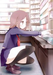 Rule 34 | 1girl, absurdres, black thighhighs, book, bookshelf, brown eyes, brown hair, from side, highres, oouso, original, outstretched arm, scan, school uniform, serafuku, skirt, solo, thighhighs