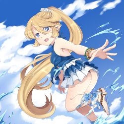 Rule 34 | 10s, 1girl, :d, alternate costume, alternate hairstyle, ass, bangle, blonde hair, blue eyes, blue nails, blue shirt, blush, bracelet, charlotta (granblue fantasy), cloud, day, dutch angle, front-tie top, granblue fantasy, hair ornament, hair scrunchie, halterneck, harvin, highres, iwanya, jewelry, leg up, nail polish, open mouth, outdoors, outstretched arm, pointy ears, ponytail, sandals, scrunchie, shirt, skirt, sky, sleeveless, sleeveless shirt, smile, solo, standing, standing on one leg, toenail polish, toenails, water, white skirt