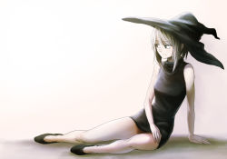 Rule 34 | 1girl, arm support, bare legs, bare shoulders, black dress, blonde hair, dress, gradient background, hair between eyes, hat, jitome, light smile, looking to the side, lying, on side, original, short dress, short hair, sitting, solo, witch, witch hat, yokozuwari, zimu