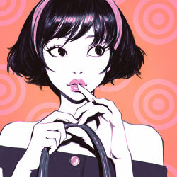 Rule 34 | 1girl, bare shoulders, black eyes, black hair, finger to mouth, ilya kuvshinov, lips, lipstick, looking to the side, makeup, realistic, short hair, solo, spot color, upper body