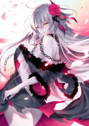 Rule 34 | 1girl, artist name, ass, backless outfit, bare shoulders, blush, breasts, chain, clothes lift, collar, commentary request, dress, fate/grand order, fate (series), flower, fur-trimmed dress, fur trim, gradient background, grey dress, hair flower, hair ornament, hair ribbon, hip focus, jeanne d&#039;arc (fate), jeanne d&#039;arc alter (avenger) (fate), jeanne d&#039;arc alter (fate), kousaki rui, large breasts, long hair, metal collar, open mouth, pale skin, petals, pink background, ribbon, rose, signature, silver hair, skirt, skirt lift, solo, thighs, wind, wind lift, yellow eyes