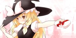 Rule 34 | 1girl, asterisk (asterism), blonde hair, blush, braid, chocolate, embarrassed, female focus, gift, giving, hat, hat tug, heart, holding, holding gift, kirisame marisa, long hair, outstretched arm, ribbon, solo, touhou, valentine, witch, witch hat, yellow eyes