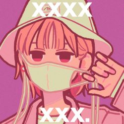 Rule 34 | 1girl, absurdres, earrings, hand up, hat, highres, jewelry, looking at viewer, mask, mask pull, miyoshi yoshimi, mouth mask, original, pink eyes, pink hair, pink theme, portrait, purple background, short hair, solo, white hat, white mask