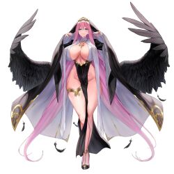 Rule 34 | 1girl, angel wings, black dress, black feathers, black footwear, black veil, black wings, blue eyes, blush, breast curtains, breasts, bridal gauntlets, bright pupils, closed mouth, collarbone, covered navel, dress, feathers, full body, gold necklace, habit, hair between eyes, high heels, highres, huge breasts, jewelry, last origin, linea alba, long hair, looking at viewer, low wings, mel (dodosae), mole, mole under mouth, necklace, no panties, nun, official alternate costume, official art, pelvic curtain, pendant, pink hair, pubic tattoo, revealing clothes, ring, see-through, serapias alice, simple background, skindentation, sling bikini top, smile, solo, standing, tachi-e, tattoo, thick thighs, thighlet, thighs, third-party source, tiara, transparent background, two-tone dress, veil, veil lift, very long hair, white bridal gauntlets, white dress, wide hips, wide sleeves, wings