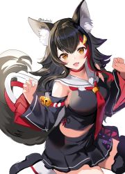 Rule 34 | 1girl, akamoku, animal ear fluff, animal ears, bell, black hair, black shirt, black skirt, blush, breasts, claw pose, commentary request, detached sleeves, full body, hair between eyes, highres, hololive, kouhaku nawa, long hair, looking at viewer, medium breasts, midriff, miniskirt, multicolored hair, ookami mio, open mouth, orange eyes, pleated skirt, red hair, red neckwear, rope, sailor collar, shimenawa, shirt, simple background, sitting, skirt, skirt set, smile, solo, streaked hair, tail, tail around own leg, thighs, twitter username, two-tone hair, virtual youtuber, wariza, white background, wolf ears, wolf tail