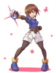 Rule 34 | 1girl, aile (mega man zx), ankle cuffs, blue footwear, blue jacket, blush, bodystocking, boots, breasts, brown hair, clenched hand, cougar (cougar1404), cropped jacket, female focus, full body, green eyes, hair between eyes, jacket, legs apart, medium breasts, mega man (series), mega man zx, midriff, model x (mega man), navel, open mouth, outstretched arm, shiny clothes, short hair, short sleeves, shorts, simple background, sparkle, white shorts, wrist cuffs