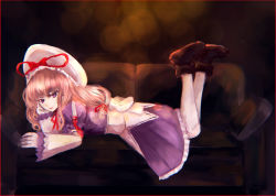 Rule 34 | 1girl, aged down, backlighting, bad id, bad pixiv id, blonde hair, boots, border, brown footwear, couch, curiosities of lotus asia, dark, detached sleeves, dress, frilled dress, frills, hair ribbon, hand on own face, hat, hat ribbon, ksrk ss, legs up, light particles, lipstick, long hair, looking at viewer, lying, makeup, mob cap, on couch, on stomach, puffy short sleeves, puffy sleeves, purple eyes, purple hair, red border, red lips, ribbon, short sleeves, smile, solo, touhou, very long hair, wide sleeves, yakumo yukari, yakumo yukari (young)