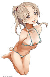 Rule 34 | 1girl, :d, baba arumi, bikini, breasts, brown eyes, brown hair, highres, long hair, looking at viewer, micro bikini, open mouth, original, ponytail, simple background, small breasts, smile, solo, swimsuit, white background, white bikini