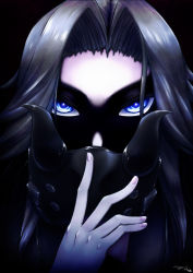Rule 34 | 10s, 1girl, abyssal ship, black background, black hair, blue eyes, close-up, commentary request, eye focus, glowing, glowing eyes, highres, horns, kantai collection, light cruiser princess, long hair, looking at viewer, nagi ria, portrait, removing mask, signature, simple background, solo, tsurime, twitter username