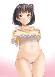 Rule 34 | 1girl, blush, brown eyes, brown hair, closed mouth, clothes lift, collarbone, commentary request, cowboy shot, dress, dress lift, gradient background, groin, hair bobbles, hair ornament, highres, idolmaster, idolmaster million live!, nakatani iku, navel, one side up, panties, pink background, polka dot, polka dot panties, pussy, pussy peek, short sleeves, smile, solo, stomach, thigh gap, twitter username, underwear, white background, white panties, whitecheese tan, yellow dress