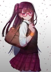 Rule 34 | 1girl, :&lt;, alternate costume, bad id, bad pixiv id, blunt bangs, blush, closed mouth, cowboy shot, from side, girls&#039; frontline, glasses, gradient background, hanato (seonoaiko), hand up, long hair, looking at viewer, one side up, pink-framed eyewear, plaid, plaid skirt, purple eyes, purple hair, purple skirt, school uniform, skirt, sleeves rolled up, solo, sweater vest, tsurime, wa2000 (girls&#039; frontline)