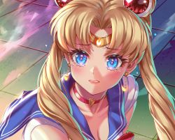 Rule 34 | 1girl, absurdres, artist name, bishoujo senshi sailor moon, blonde hair, blue eyes, blue sailor collar, blush, breasts, choker, cleavage, collarbone, commentary, commentary request, crescent, crescent earrings, derivative work, diadem, earrings, english commentary, enma (enmanuelart), heart, heart choker, highres, jewelry, lips, long hair, meme, red choker, sailor collar, sailor moon, sailor moon redraw challenge (meme), sailor senshi, sailor senshi uniform, screenshot redraw, solo, tears, tsukino usagi, twintails, upper body
