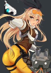 Rule 34 | !, 1girl, :o, absurdres, aiming, alternate costume, ass, belt, black gloves, black ribbon, blonde hair, bodysuit, bomber jacket, charging, cosplay, cowboy shot, eyebrows, eyelashes, finger on trigger, fishnets, gloves, goggles, goggles on head, grey background, gun, hair between eyes, hairband, handgun, highres, holding, holding gun, holding weapon, jacket, kantai collection, light particles, long hair, long sleeves, looking at viewer, o o, outstretched arm, overwatch, overwatch 1, rensouhou-chan, ribbon, shimakaze (kancolle), slm, teardrop, thigh strap, tracer (overwatch), tracer (overwatch) (cosplay), triangle, weapon, yellow eyes
