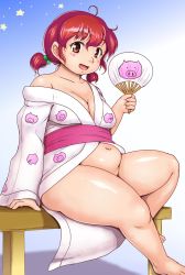 Rule 34 | 1girl, :d, aged down, bare shoulders, belly, blush, bottomless, breasts, brown eyes, cleavage, fat, hair bobbles, hair ornament, hand fan, highres, inamori futayo, japanese clothes, kimono, looking at viewer, low twintails, medium breasts, navel, off shoulder, on bench, open mouth, original, orizen, paper fan, pig, plump, red hair, sitting, smile, solo, thick thighs, thighs, twintails, uchiwa, yukata