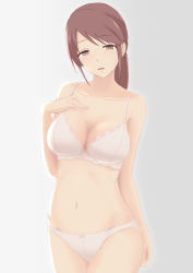 Rule 34 | 1girl, 1mm (norizo), bra, breasts, brown hair, cleavage, collarbone, cowboy shot, groin, hand on own chest, highres, idolmaster, idolmaster cinderella girls, lace, lace-trimmed bra, lace-trimmed panties, lace trim, light smile, looking at viewer, mifune miyu, navel, panties, ponytail, red eyes, simple background, solo, underwear, underwear only, white bra, white panties