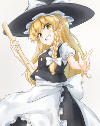 Rule 34 | 1girl, apron, back bow, bamboo broom, black hat, black skirt, black vest, blonde hair, bow, braid, broom, clip studio paint (medium), frilled apron, frills, from below, hat, hat bow, highres, holding, holding broom, kirisame marisa, long hair, looking at viewer, open mouth, puffy short sleeves, puffy sleeves, shirt, short sleeves, simple background, single braid, skirt, solo, tarumaru, teeth, touhou, vest, waist apron, white apron, white background, white bow, white shirt, witch hat, yellow eyes