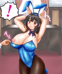 Rule 34 | !, 1girl, animal ears, black hair, black pantyhose, blue leotard, breasts, detached collar, fake animal ears, highres, indoors, kantai collection, large breasts, leotard, nipples, one breast out, pantyhose, playboy bunny, rabbit ears, red eyes, short hair, solo focus, speech bubble, strapless, strapless leotard, takao (kancolle), ura tomomi, wrist cuffs