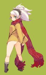 Rule 34 | 1girl, ass, bottomless, green background, green eyes, hairband, highres, long sleeves, looking back, mota, no panties, original, ponytail, red scarf, scarf, simple background, solo, standing, striped clothes, striped scarf, swept bangs, white hair