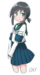 Rule 34 | 1girl, adapted costume, arm warmers, black hair, blue sailor collar, blue skirt, cowboy shot, cropped legs, fubuki (kancolle), green eyes, highres, kantai collection, looking at viewer, low ponytail, ma rukan, medium hair, pleated skirt, ponytail, sailor collar, school uniform, serafuku, short ponytail, sidelocks, simple background, skirt, solo, standing, white background