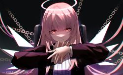 Rule 34 | 1girl, arknights, arms up, artist name, black jacket, blunt bangs, chain, chair, closed mouth, dark background, detached wings, energy wings, eyebrows hidden by hair, halo, highres, jacket, jingzi kgm, lemuen (arknights), light particles, long hair, long sleeves, looking at viewer, open clothes, open jacket, pink hair, red eyes, solo, striped, upper body, vertical stripes, very long hair, wings