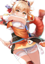 Rule 34 | 1girl, bandaged arm, bandages, bare shoulders, blonde hair, blush, bow (weapon), bracelet, breasts, cowboy shot, crossbow, dress, eric (tianqijiang), genshin impact, hair between eyes, hair ornament, highres, holding, holding bow (weapon), holding weapon, japanese clothes, jewelry, kimono, looking at viewer, orange eyes, orange kimono, panties, pantyshot, sarashi, short dress, simple background, smile, solo, thigh gap, underwear, weapon, white background, yoimiya (genshin impact)