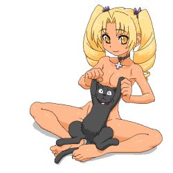 Rule 34 | 1girl, barefoot, blonde hair, cat, censored, convenient censoring, feet, female focus, full body, jewelry, long hair, necklace, nude, oekaki, smile, soles, solo, toes, white background, yonic symbol