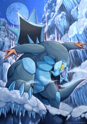Rule 34 | absurdres, baxcalibur, blue skin, breath weapon, breathing ice, cave, claws, colored skin, creatures (company), dragon, fangs, full moon, game freak, highres, ice, icicle, katkichi, long tail, moon, nintendo, no humans, pokemon, pokemon (creature), skin fangs, snow, spikes, tail, yellow eyes