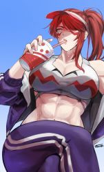 Rule 34 | 1girl, abs, bare shoulders, breasts, cleavage, cup, drinking straw, feet out of frame, fuuma kotarou (tenkaichi), hair over one eye, hat, highres, holding, holding cup, jacket, large breasts, crossed legs, lips, long hair, long sleeves, muscular, muscular female, navel, one eye covered, open clothes, open jacket, open mouth, pants, parted lips, ponytail, red hair, signature, simple background, single sidelock, sitting, solo, sports bra, stomach, sunsirou, sweat, tenkaichi nihon saikyou bugeisha ketteisen, track jacket, track pants, yellow eyes