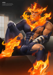 Rule 34 | 1boy, absurdres, appas, bad id, bad twitter id, bara, beard, blue eyes, bodysuit, boku no hero academia, bulge, covered abs, covered erect nipples, endeavor (boku no hero academia), facial hair, fire, full body, highres, large pectorals, male focus, manly, muscular, mustache, pectorals, red hair, skin tight, solo, spiked hair, thighs, torn bodysuit, torn clothes