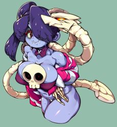 Rule 34 | 1girl, absurdres, bare shoulders, blue hair, blue skin, breasts, closed mouth, collarbone, colored skin, cropped legs, detached collar, detached sleeves, green background, hair over one eye, highres, leaning forward, leviathan (skullgirls), long hair, long sleeves, looking at viewer, navel, non-web source, red eyes, side ponytail, simple background, skull, skullgirls, slugbox, solo, squigly (skullgirls), stitched mouth, stitches, striped sleeves, sweat, thick thighs, thighs, yellow eyes