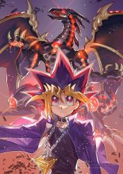 Rule 34 | 1boy, black shirt, blonde hair, bright pupils, chain, chain necklace, closed mouth, collar, commentary, duel monster, dyed bangs, fushitasu, gandora the dragon of destruction, glint, hair between eyes, jacket, jewelry, looking up, male focus, millennium puzzle, muto yugi, necklace, open clothes, open jacket, outline, purple hair, purple jacket, red hair, school uniform, shirt, spiked hair, upper body, watermark, white pupils, yu-gi-oh!