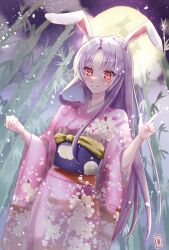 Rule 34 | 1girl, alternate costume, animal ears, bamboo, bamboo forest, closed mouth, commentary request, ellen drawing, floral print, forest, full moon, highres, japanese clothes, kimono, long hair, long sleeves, looking at viewer, moon, nature, outdoors, parted bangs, pink kimono, purple hair, rabbit ears, rabbit girl, red eyes, reisen udongein inaba, sash, signature, solo, touhou, wide sleeves