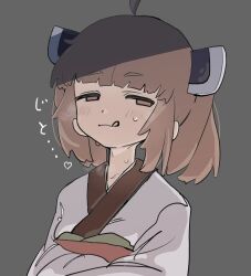 Rule 34 | 1girl, absurdres, ahoge, blush, brown eyes, brown hair, commentary request, crossed arms, grey background, headgear, highres, japanese clothes, kimono, licking lips, looking at viewer, masshutake, naughty face, obi, sash, short hair, simple background, sketch, smile, solo, steaming body, sweat, tongue, tongue out, touhoku kiritan, upper body, voiceroid, white kimono