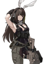 Rule 34 | 1girl, ammunition pouch, animal ears, armpits, assault rifle, black corset, breasts, brown hair, chest rig, cleavage, corset, expressionless, fake animal ears, girls&#039; frontline, green pants, gun, gun sling, highres, leotard, looking at viewer, m4 carbine, m4a1 (girls&#039; frontline), magazine (weapon), medium breasts, multicolored hair, mutugorou u, pants, playboy bunny, pouch, rifle, solo, streaked hair, thigh pouch, two-tone pants, weapon